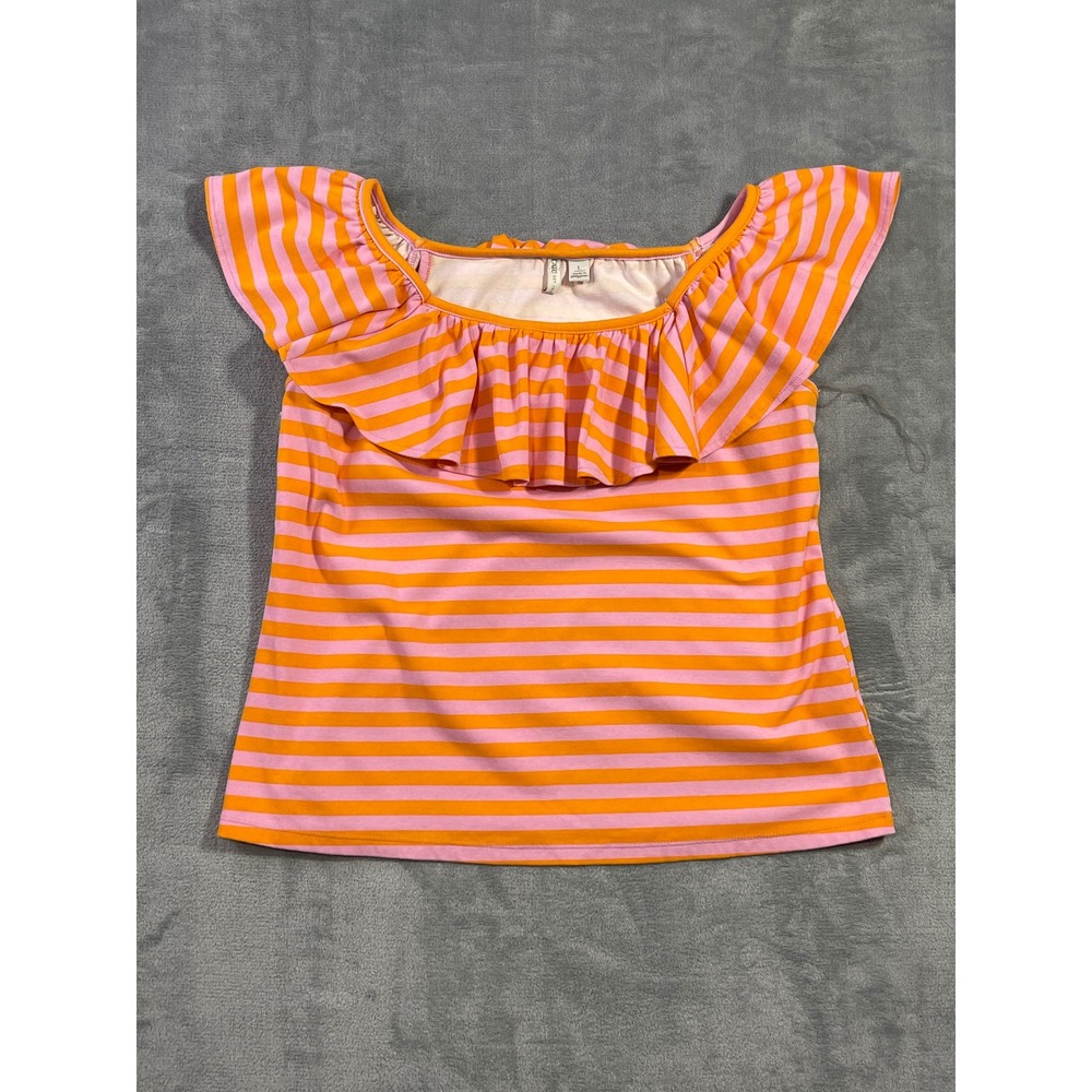 Cato Womens Large Pink Orange Striped Ruffle Off Shoulder Knit Top Summer Blouse